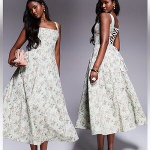 HOUSE OF CB Mariabella Lace-Up Stretch Cotton Midi Dress Floral Green L